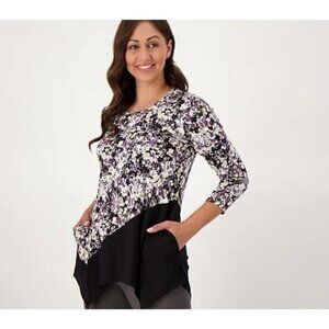 LOGO by Lori Goldstein Rayon 230 Print and Solid Top Neutral X-Large